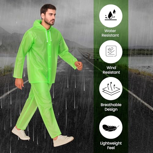 HACER EVA Rainsuit Set 75 GSM with Adjustable Hood Full Sleeves Lightweight Raincoat with Pants Water Resistant Outdoor Travel Rainwear for Men & Women Camping Trekking Hiking (Pack of 1, Neon Green) - Image 3