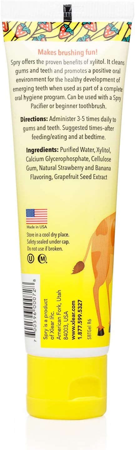 Spry Natural Xylitol Toothpaste for Baby Toddler and Kids Age 3 Months and Up Fluoride Free Tooth Gel Tasty Support Development of Emerging Teeth Strawberry Banana 2 Fl Oz Pack of 1 - Image 2
