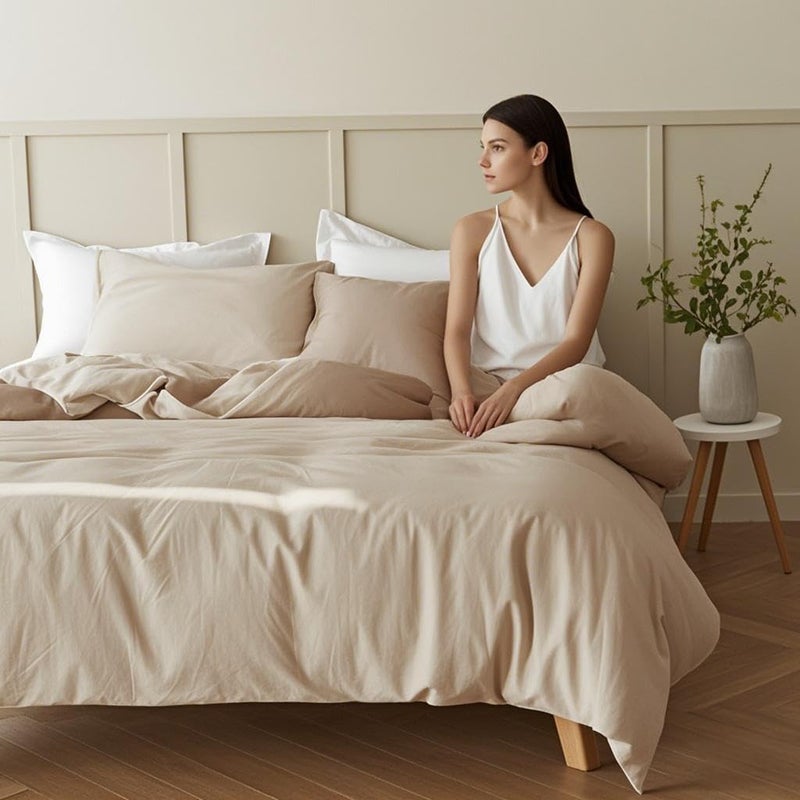 Simple&Opulence French Linen Duvet Cover Set 68" x 86"- 2 Pieces (1 Comforter Cover,1 Pillowcase)- Natural Flax Cotton Blend-Solid Color Breathable Farmhouse Bedding-Linen/Beige, Twin - Image 2
