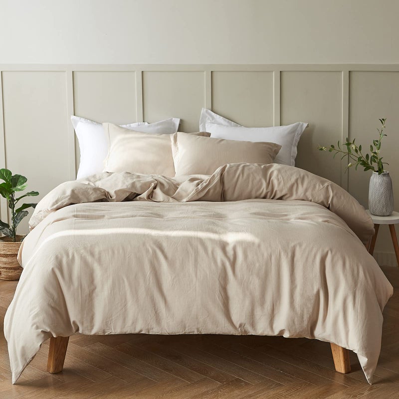 Simple&Opulence French Linen Duvet Cover Set 68" x 86"- 2 Pieces (1 Comforter Cover,1 Pillowcase)- Natural Flax Cotton Blend-Solid Color Breathable Farmhouse Bedding-Linen/Beige, Twin - Image 1