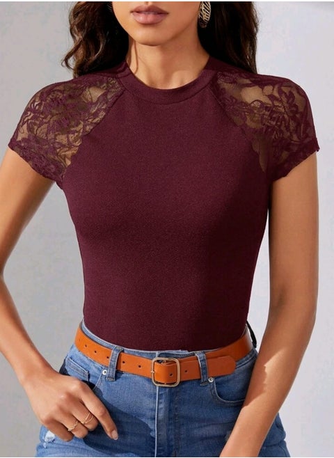 SHEIN Tall Contrast Lace Raglan Sleeve Tee