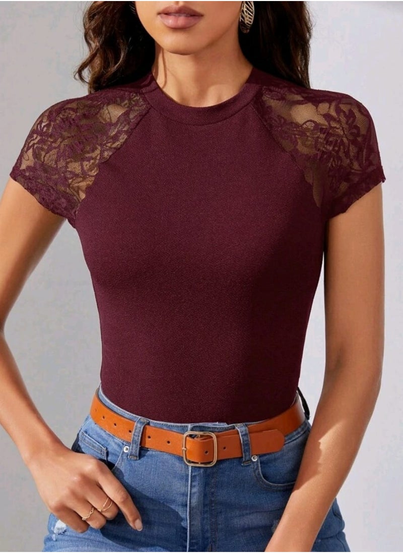 SHEIN Tall Contrast Lace Raglan Sleeve Tee