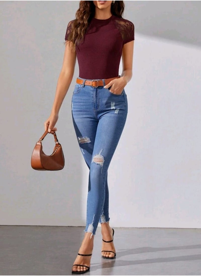 SHEIN Tall Contrast Lace Raglan Sleeve Tee