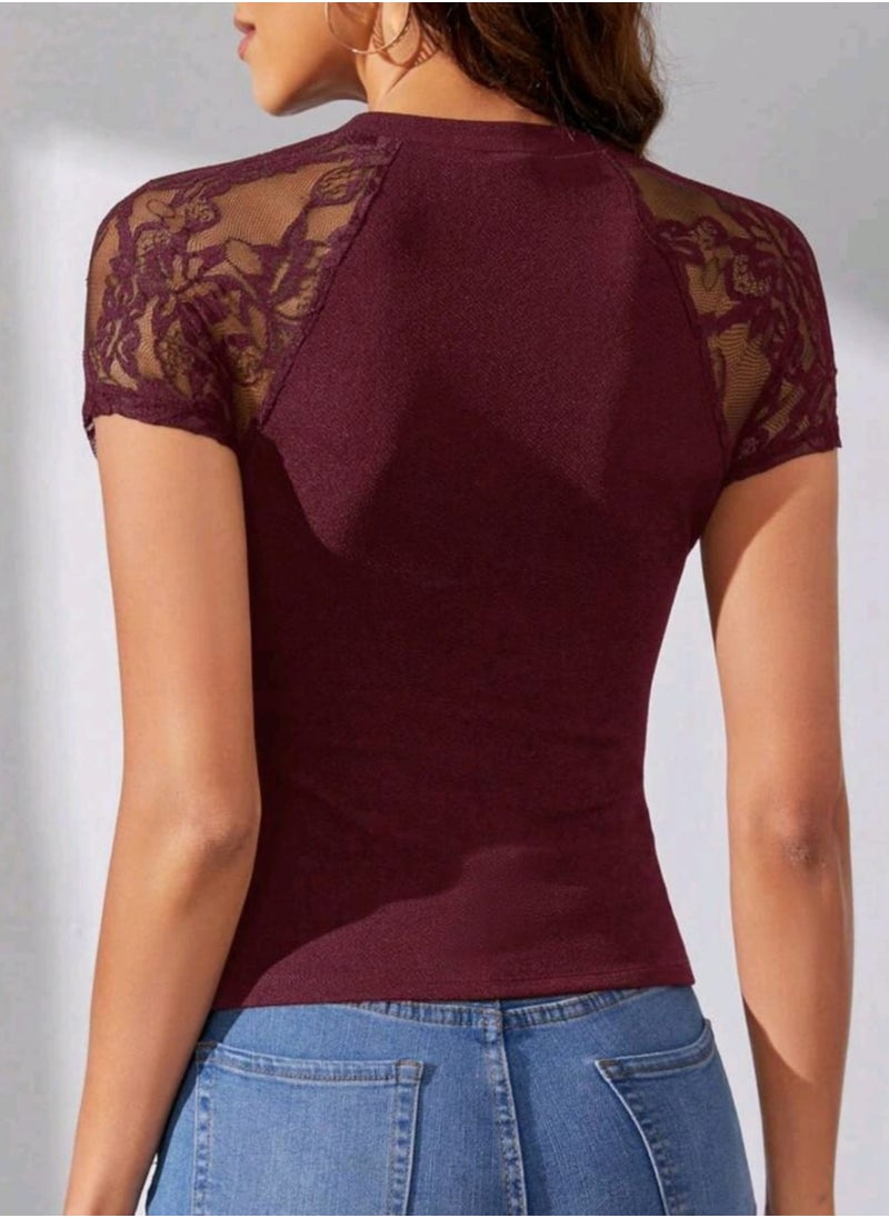 SHEIN Tall Contrast Lace Raglan Sleeve Tee