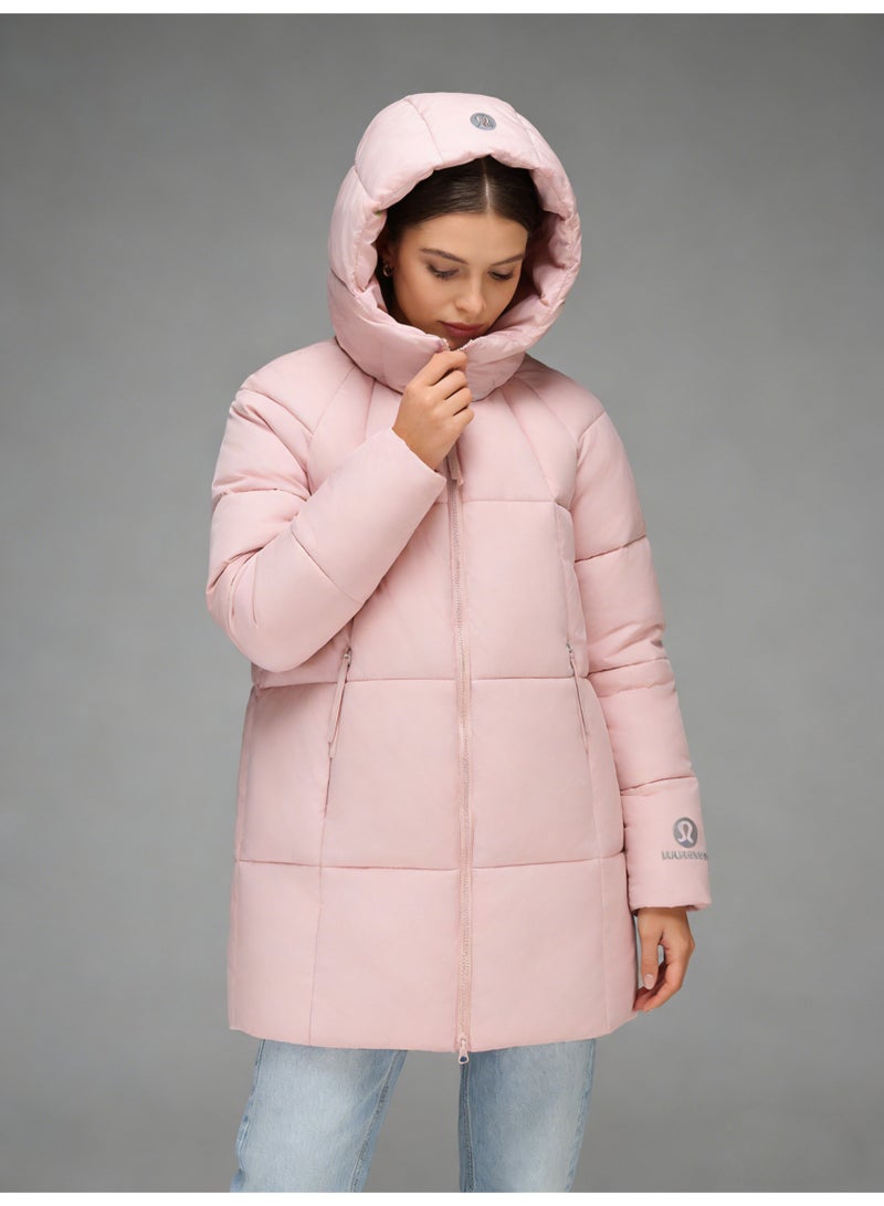 Lululemon Longline padded hooded cotton jacket - Women's light pink warm winter coat with quilted design and zippered pockets, very warm and lightweight, super soft - Image 2