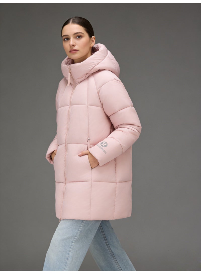 Lululemon Longline padded hooded cotton jacket - Women's light pink warm winter coat with quilted design and zippered pockets, very warm and lightweight, super soft - Image 3