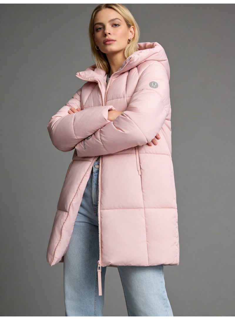 Lululemon Longline padded hooded cotton jacket - Women's light pink warm winter coat with quilted design and zippered pockets, very warm and lightweight, super soft - Image 4