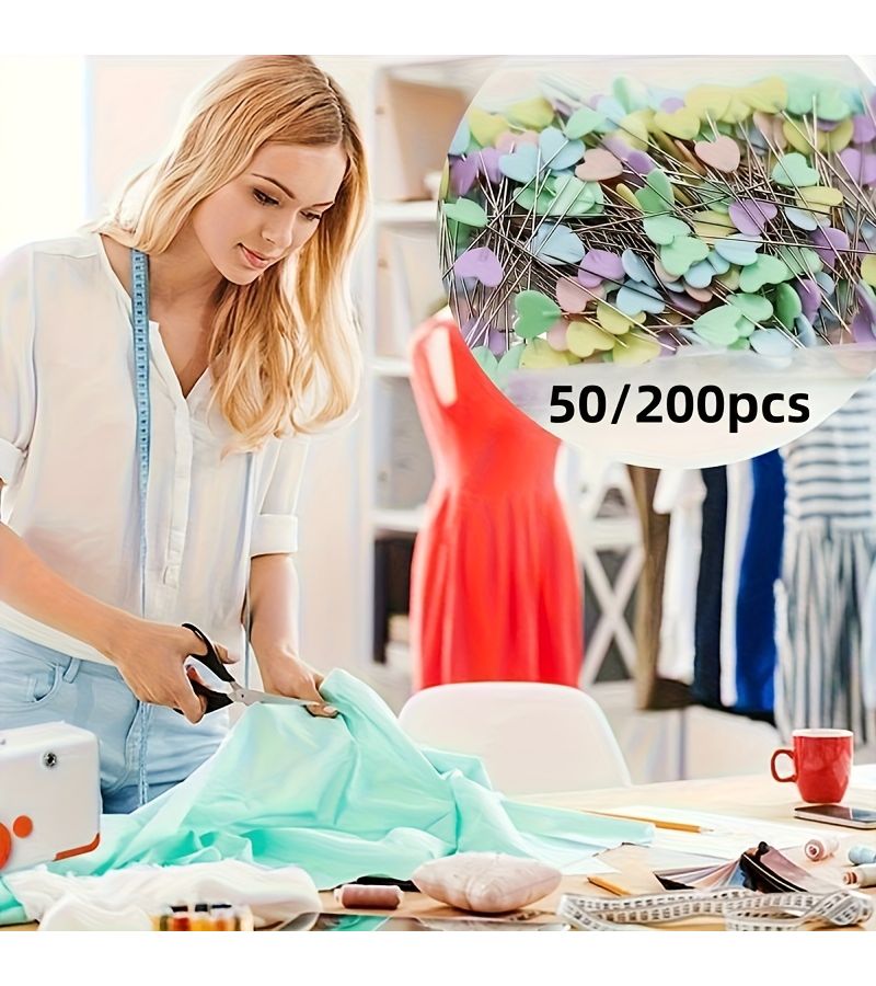 Colorful Assorted 200pcs Patchwork Heart Shaped Sewing Pins Straight Stitch Set - Image 1