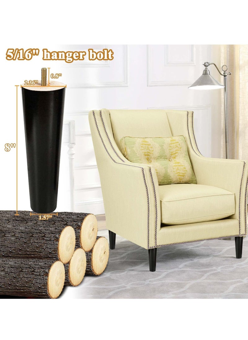 Wood Furniture Legs, 4 Pcs Replacement Sofa Legs for DIY Projects, Mid Century with Pre-Drilled Bolt Holes, Ideal Couches, Dressers, Sideboards, Coffee Tables (8 inch, Black)