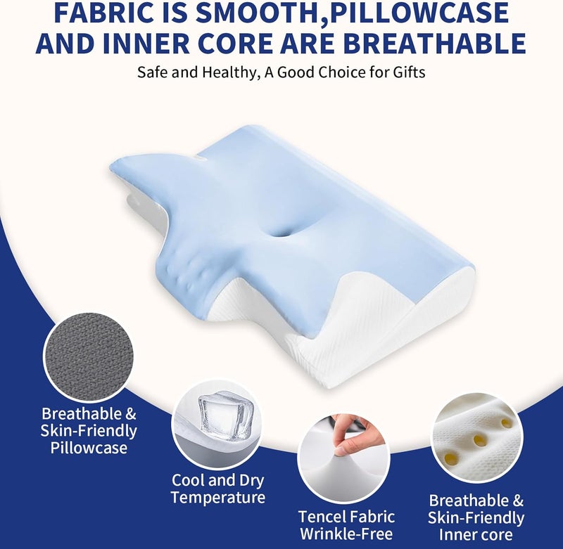 MiOne Ergonomic Contour Memory Foam Pillow with Adjustable Height, Cooling Tencel Cover, Breathable & Soft, for Side Back and Stomach Sleepers (white/blue) - Image 4