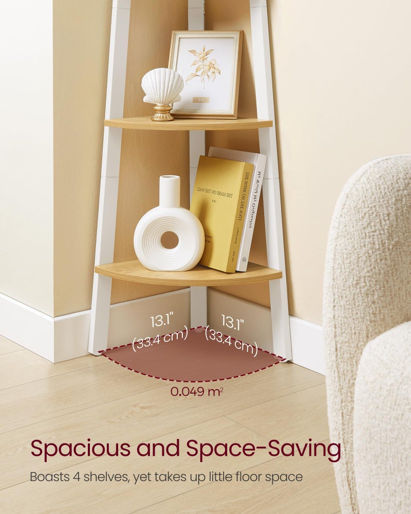 VASAGLE Corner Shelf Stand, 4-Tier Corner Bookshelf, Industrial Ladder Shelf, Plant Stand for Living Room, Office, Kitchen, Natural Oak and Matte White ULLS034Y70 - Image 3