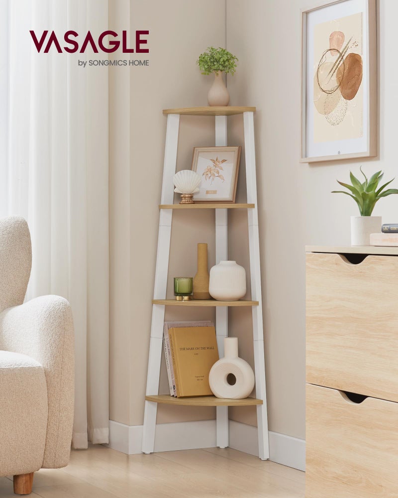 VASAGLE Corner Shelf Stand, 4-Tier Corner Bookshelf, Industrial Ladder Shelf, Plant Stand for Living Room, Office, Kitchen, Natural Oak and Matte White ULLS034Y70 - Image 2