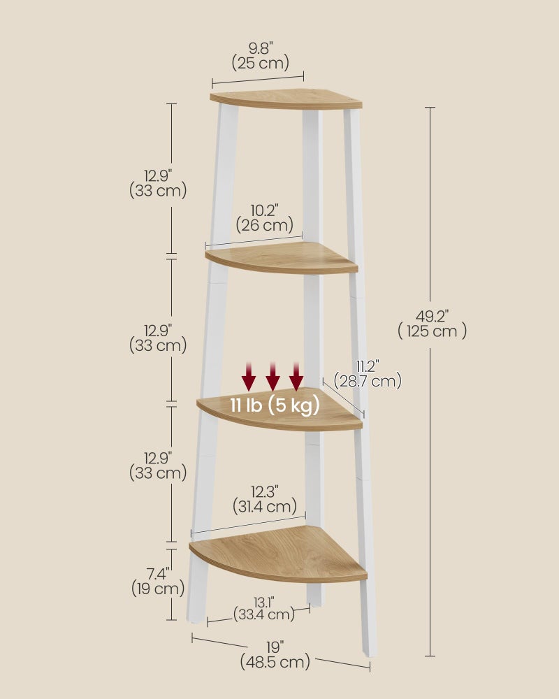 VASAGLE Corner Shelf Stand, 4-Tier Corner Bookshelf, Industrial Ladder Shelf, Plant Stand for Living Room, Office, Kitchen, Natural Oak and Matte White ULLS034Y70 - Image 5