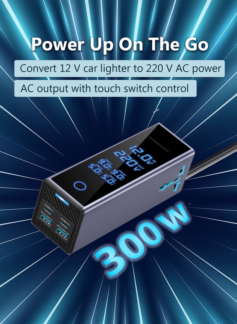 Powerology Dual AC Socket Car Power Inverter 300W / PD 36W Car Charger / Multi Port Device Charger / Simultaneous Charging / Voltage Monitor Display / 220V AC Output Voltage - Grey - Image 3