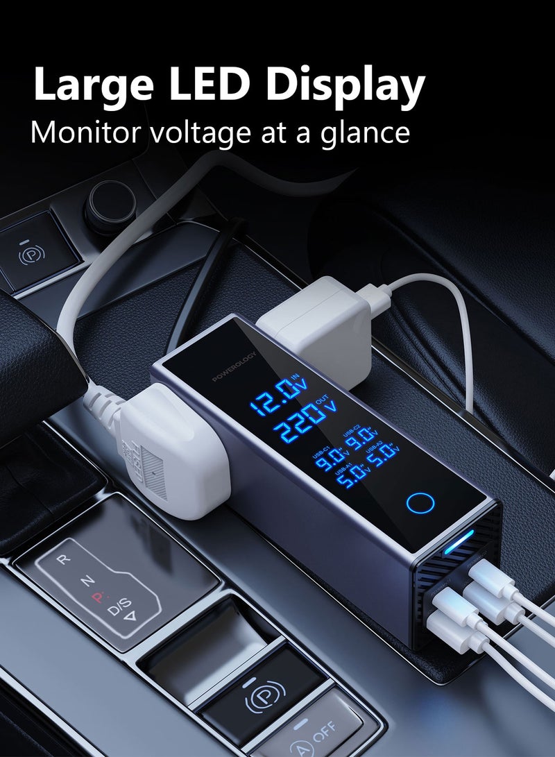 Powerology Dual AC Socket Car Power Inverter 300W / PD 36W Car Charger / Multi Port Device Charger / Simultaneous Charging / Voltage Monitor Display / 220V AC Output Voltage - Grey - Image 5