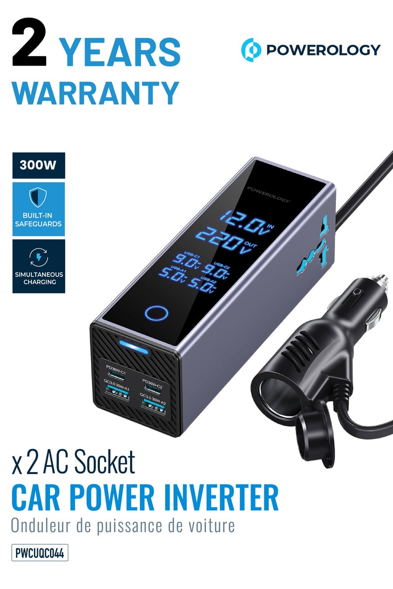 Powerology Dual AC Socket Car Power Inverter 300W / PD 36W Car Charger / Multi Port Device Charger / Simultaneous Charging / Voltage Monitor Display / 220V AC Output Voltage - Grey - Image 1