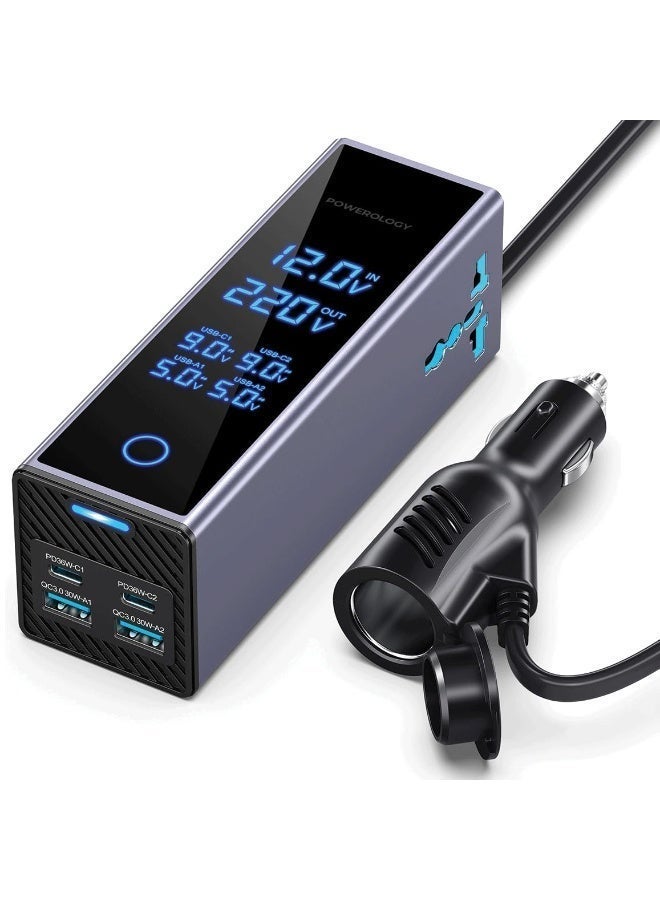 Powerology Dual AC Socket Car Power Inverter 300W / PD 36W Car Charger / Multi Port Device Charger / Simultaneous Charging / Voltage Monitor Display / 220V AC Output Voltage - Grey - Image 1