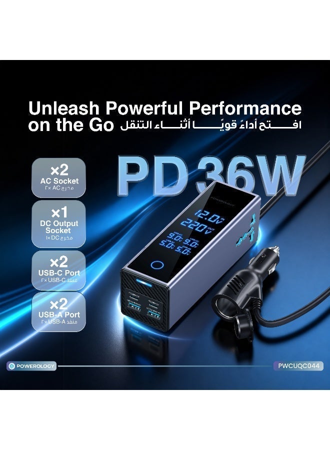 Powerology Dual AC Socket Car Power Inverter 300W / PD 36W Car Charger / Multi Port Device Charger / Simultaneous Charging / Voltage Monitor Display / 220V AC Output Voltage - Grey - Image 2