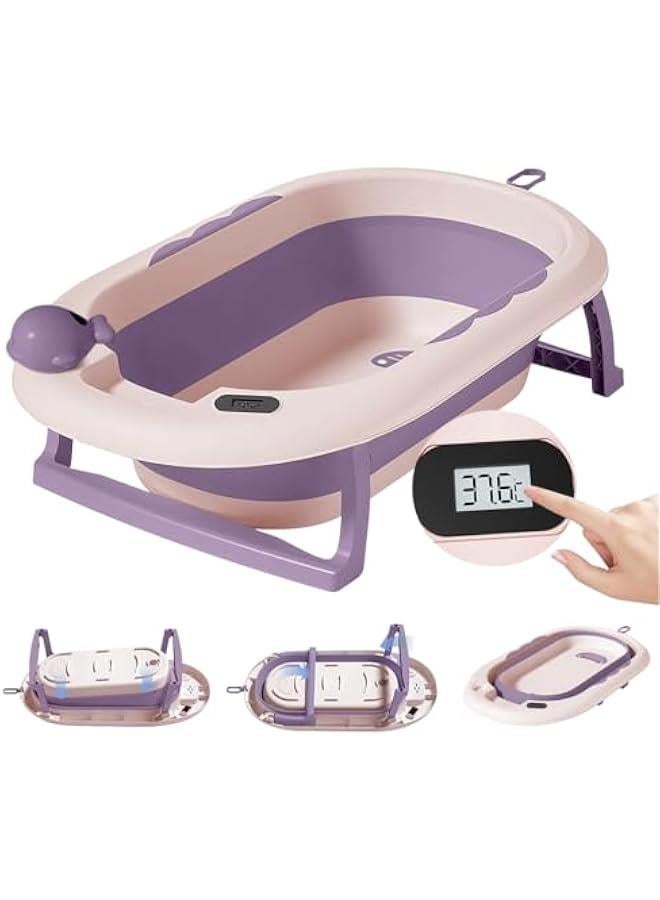 هوكور اي بين مجموعة حوض استحمام للاطفال قابلة للطي مع ميزان حرارة حساس لدرجة الحرارة، وسادة حمام. حوض استحمام كبير امن للجلوس للاطفال حديثي الولادة والاطفال الصغار (احمر كاميليا) - Image 1