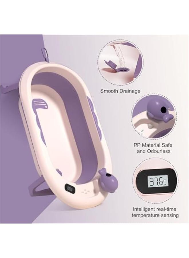 هوكور اي بين مجموعة حوض استحمام للاطفال قابلة للطي مع ميزان حرارة حساس لدرجة الحرارة، وسادة حمام. حوض استحمام كبير امن للجلوس للاطفال حديثي الولادة والاطفال الصغار (احمر كاميليا) - Image 2