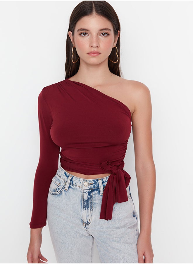 Claret Red Slim Tie Detailed Single Sleeve Crop Stretchy Knitted Blouse TWOAW23BZ00094 - pzsku/Z69BFE134E26432EFB29AZ/45/_/1730941490/bd8d8627-5581-4881-b6dd-434f5d4bf9ab