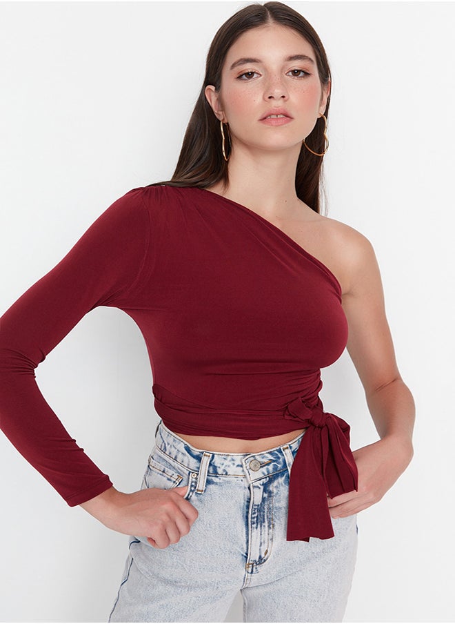 Claret Red Slim Tie Detailed Single Sleeve Crop Stretchy Knitted Blouse TWOAW23BZ00094 - pzsku/Z69BFE134E26432EFB29AZ/45/_/1730941493/3be07a13-06a9-4ce0-bf01-7554c150a384