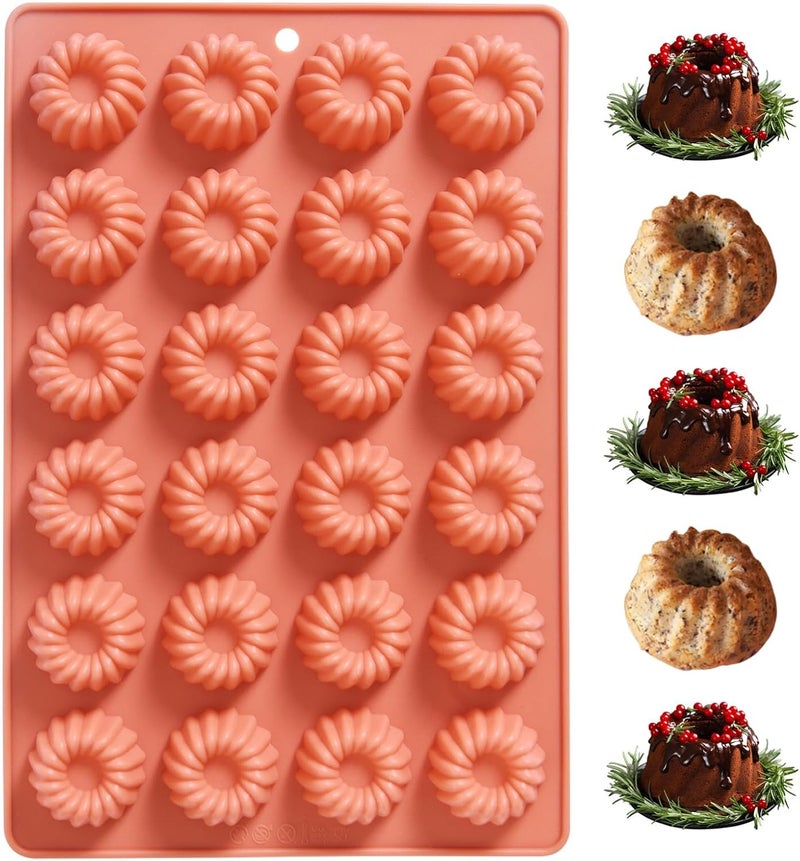 Fchil Mini Buntz Cake Silicone Pan, 24-Cavity Nonstick Fluted Tube Ring Cake Pan for Baking, Donuts Silicone Mold for Mousse Cupcake Chocolate Jelly Pudding Dessert (11.8 x 7.6 x 0.7 inches), Terracotta - Image 1
