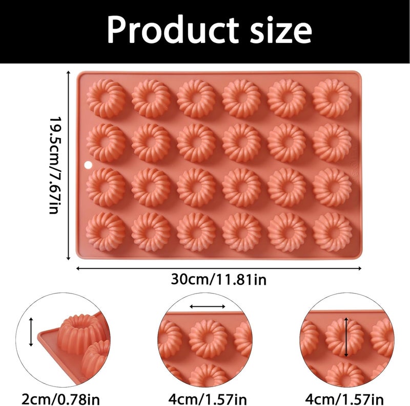 Fchil Mini Buntz Cake Silicone Pan, 24-Cavity Nonstick Fluted Tube Ring Cake Pan for Baking, Donuts Silicone Mold for Mousse Cupcake Chocolate Jelly Pudding Dessert (11.8 x 7.6 x 0.7 inches), Terracotta - Image 2