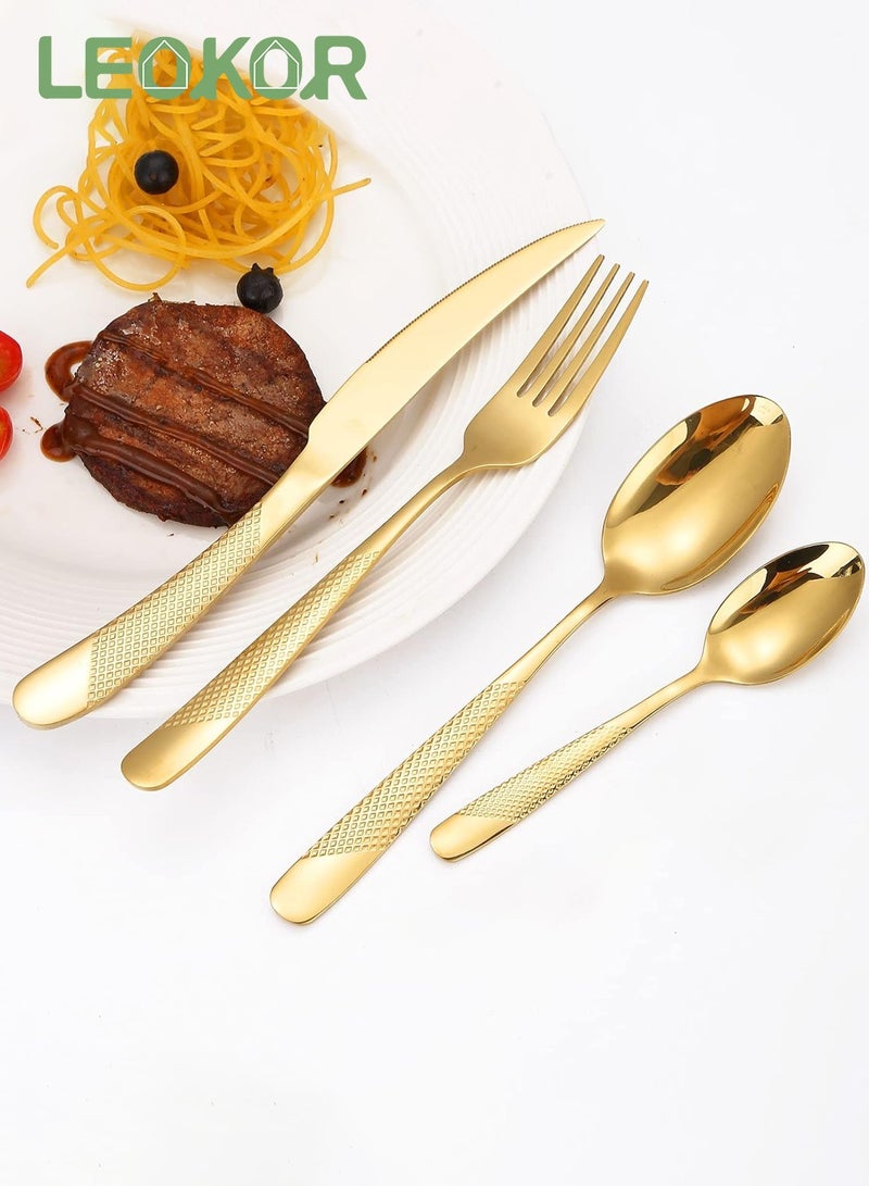 LEOKOR طقم أدوات مائدة مكون من 24 قطعة من أدوات المطبخ المصنوعة من الفولاذ المقاوم للصدأ تكفي لـ 6 أشخاص باللون الذهبي - Image 2