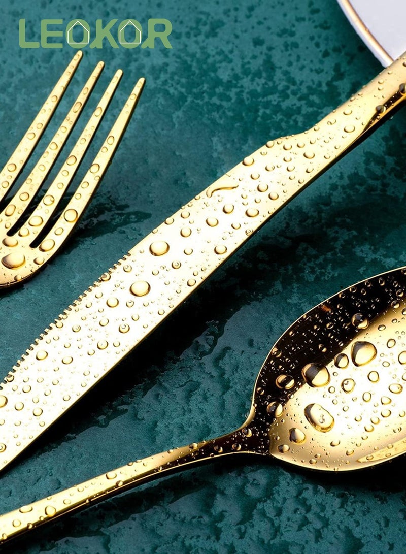 LEOKOR طقم أدوات مائدة مكون من 24 قطعة من أدوات المطبخ المصنوعة من الفولاذ المقاوم للصدأ تكفي لـ 6 أشخاص باللون الذهبي - Image 4