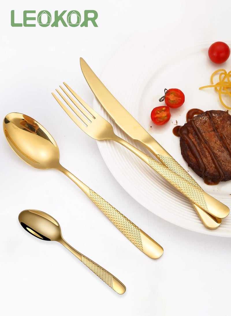 LEOKOR طقم أدوات مائدة مكون من 24 قطعة من أدوات المطبخ المصنوعة من الفولاذ المقاوم للصدأ تكفي لـ 6 أشخاص باللون الذهبي - Image 3