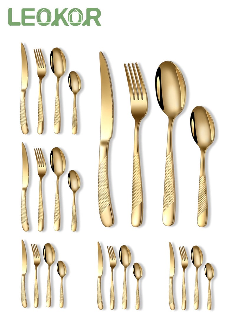 LEOKOR طقم أدوات مائدة مكون من 24 قطعة من أدوات المطبخ المصنوعة من الفولاذ المقاوم للصدأ تكفي لـ 6 أشخاص باللون الذهبي - Image 1