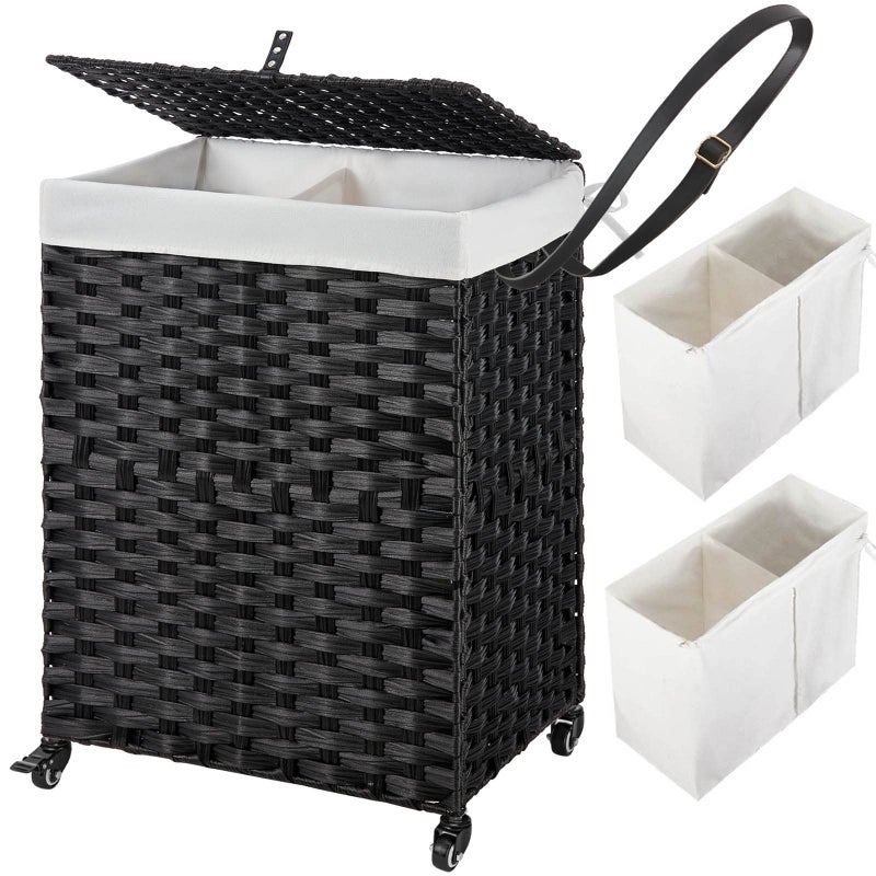 Greenstell Greenstell Laundry Hamper with Wheels No Install Needed 90L Divided Handwoven Hampers  2 Removable Liner Bags Synthetic Rattan Clothes Laundry Basket with Lid  Handles Foldable Hampers Black 
