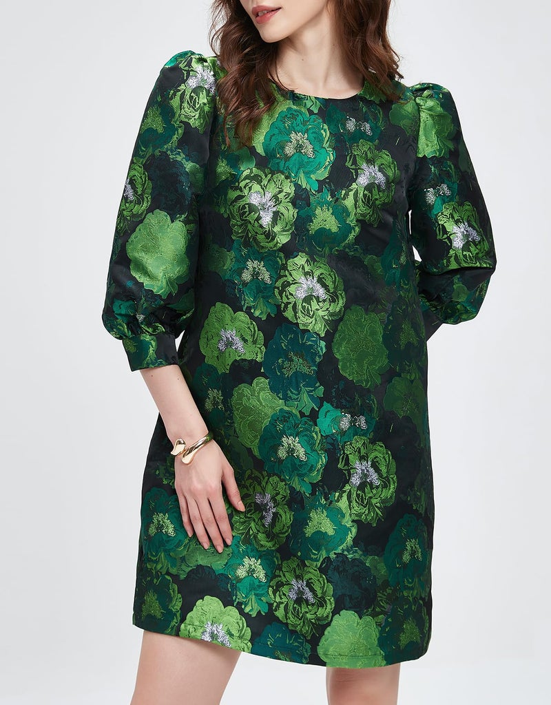 Kedera Women's Jacquard Dress Long Puff Sleeves Shift Mini Elegant Floral Dress Summer Business Green - Image 4