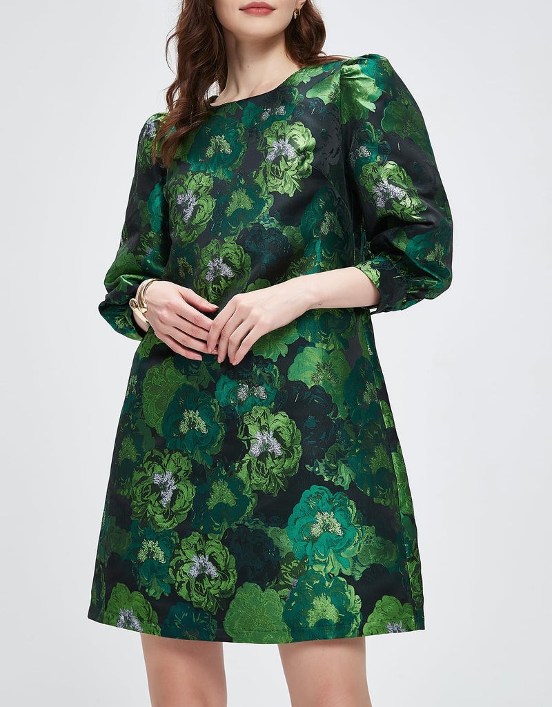 Kedera Women's Jacquard Dress Long Puff Sleeves Shift Mini Elegant Floral Dress Summer Business Green - Image 2