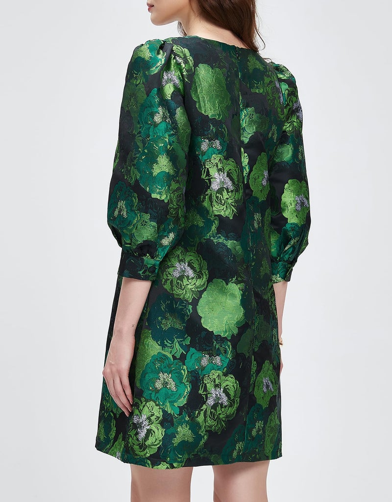 Kedera Women's Jacquard Dress Long Puff Sleeves Shift Mini Elegant Floral Dress Summer Business Green - Image 5