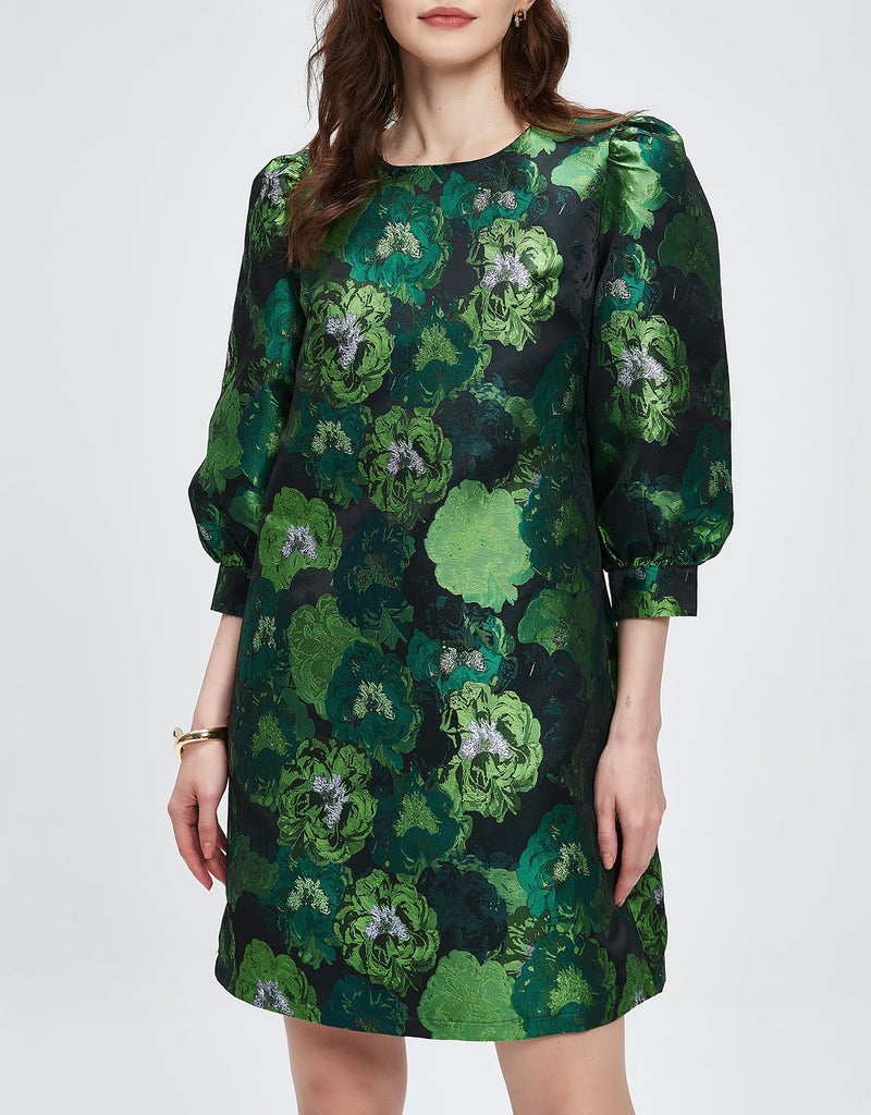 Kedera Women's Jacquard Dress Long Puff Sleeves Shift Mini Elegant Floral Dress Summer Business Green - Image 3