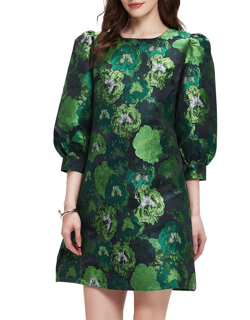 Kedera Women's Jacquard Dress Long Puff Sleeves Shift Mini Elegant Floral Dress Summer Business Green - Image 1