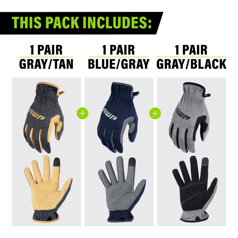 AWP Performance Utility Work Gloves for Men and Women, Touchscreen Compatible, X-Large, 3 Pair Pack - Image 2