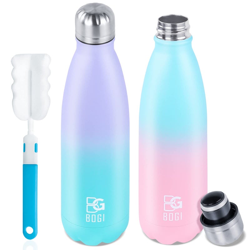 BOGI Insulated Water Bottle 17oz 2 Pack Stainless Steel Water Bottles Leak Proof Sports Metal Water Bottles Keep Drink Cold for 24 Hours and Hot for 12 Hours BPA Free kids water bottle for School