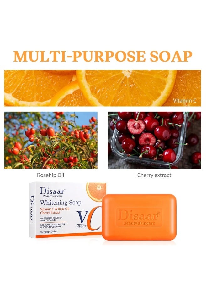 Disaar صابون تفتيح فيتامين C بوزن 100 جرام مع زيت الورد ومستخلص الكرز لتنظيف عميق وتنظيم إفراز الزيت صابون متعدد الاستخدامات يقلل التجاعيد للعناية بالبشرة صابون تفتيح فيتامين C - Image 3
