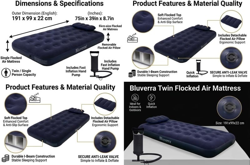 Twin Flocked Air Mattress with Pillow and Air Pump, 191x99x22 cm, - Image 3