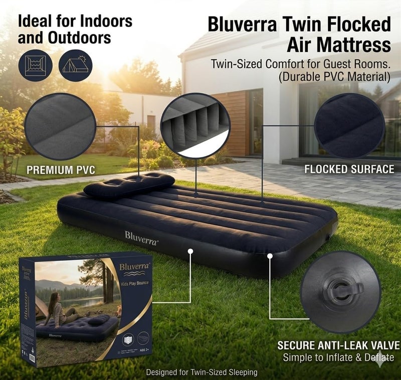 Twin Flocked Air Mattress with Pillow and Air Pump, 191x99x22 cm, - Image 2