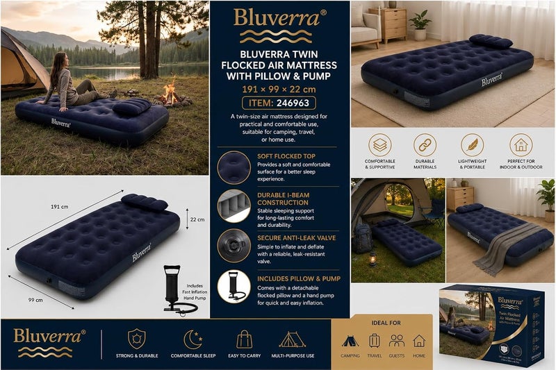 Twin Flocked Air Mattress with Pillow and Air Pump, 191x99x22 cm, - Image 5
