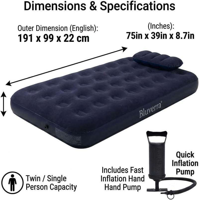 Twin Flocked Air Mattress with Pillow and Air Pump, 191x99x22 cm, - Image 4