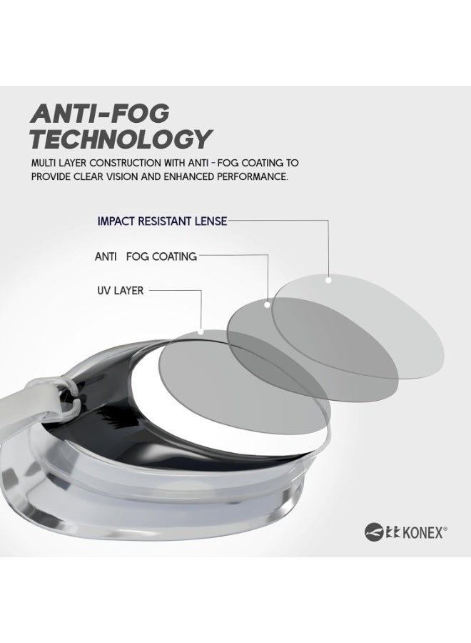 KONEX Anti-Fog UV Protection Swimming Goggles for Men, Women | Wide-Angle Vision with Silicone Comfort & Adjustable Strap | Perfect for Adults & Children (Black) - Image 2