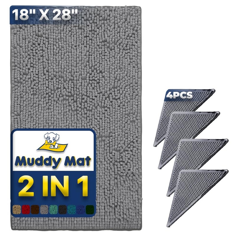 Muddy Mat سجادة باب من الألياف الدقيقة الماصة من مادي مات®، رمادية اللون، مقاس 18 × 28 بوصة (عبوة من قطعة واحدة)، مع وسادة زاوية متينة مانعة للانزلاق (عبوة من 4 قطع) - وسادة لاصقة مزدوجة الجوانب للزوايا - مزيج مثالي لحماية الأرضيات - Image 1