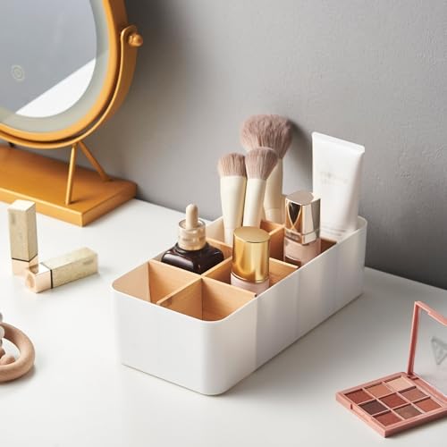 Soko 8 Compartments Multipurpose Remote Holder, Organizer Desktop Storage Box with Removable Bamboo Partitions, Desk Caddy for Remote, Stationary, Makeup, Socks, Underwear - Home, Office (White) - Image 1