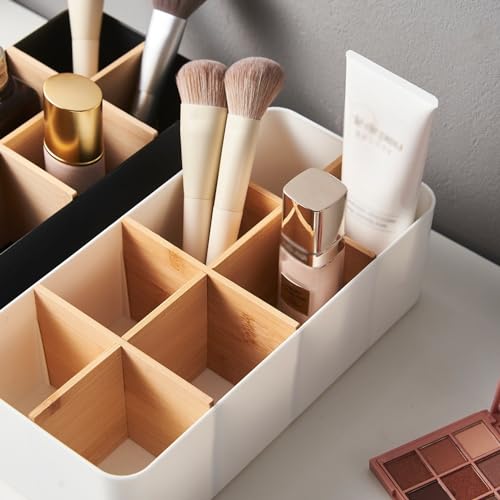 Soko 8 Compartments Multipurpose Remote Holder, Organizer Desktop Storage Box with Removable Bamboo Partitions, Desk Caddy for Remote, Stationary, Makeup, Socks, Underwear - Home, Office (White) - Image 3