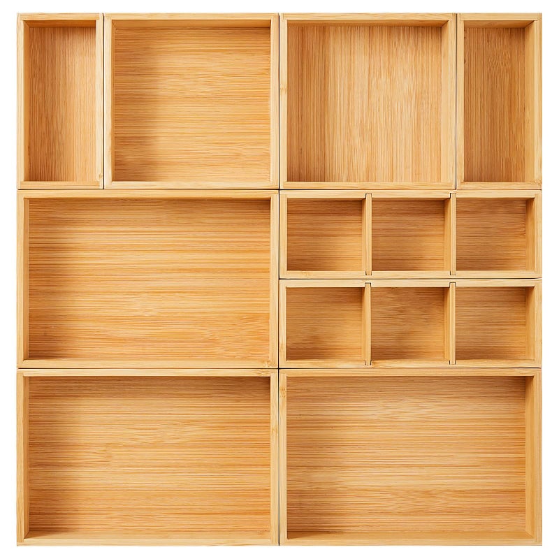 Fabsome Drawer Organizer Set of 9 Bamboo Wood Kitchen Makeup Desk Junk Tea Drawer Storage Boxes Bins for Cutlery Silverware Utensils Flatware Small Wooden Container Tray for Bathroom Office